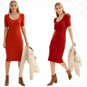 Nine West Midi Bodycon Sweetheart Neckline Ribbed Puff Elbow Sleeve Dress Sz S